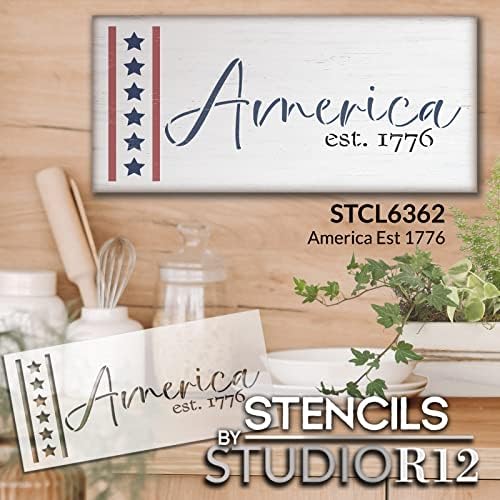 אמריקה EST. 1776 סטנסיל מאת Studior12 | מלאכה DIY תפאורה ביתית פטריוטית | צבע רביעי ביולי שלט עץ | תבנית Mylar לשימוש חוזר | בחר מידה